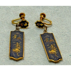 Vintage Japanese Damascene Dangle Screw Back Earrings Landscape Mountain Trees